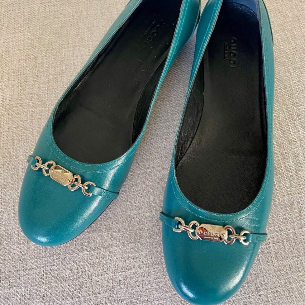 Brand New GUCCI Flats SHOES Bag Box AUTHENTIC turquoise LEATHERT Italy size 38 - Picture 3 of 6